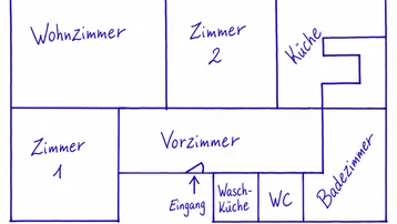Handgezeichneter Grundriss einer Wohnung mit Wohnzimmer, zwei weiteren Zimmern, Küche, Bad und separatem WC.