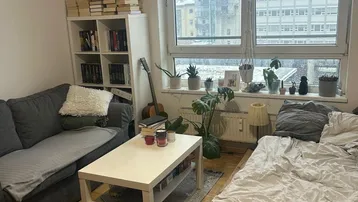 Heller Wohn- und Schlafbereich mit Parkettboden, großem Fenster und Bücherregal.