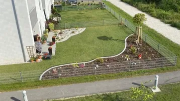 Gepflegter Gartenbereich mit Rasenfläche, Blumenbeeten und einem jungen Baum neben dem Gebäude.