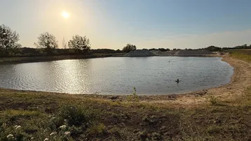 Ein natürlicher Teich mit sandigen Ufern und spiegelndem Sonnenlicht am Horizont, umgeben von grüner Vegetation.