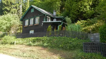Dunkles Holzhaus mit grünen Fensterrahmen und umzäuntem Vorgarten in bewaldeter Umgebung.