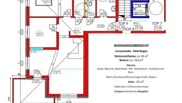 Detaillierter Grundrissplan einer Wohnung mit mehreren Zimmern und Balkon.