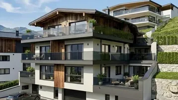 Moderne Architektur mit Holzfassade, großen Balkonen und Tiefgaragenzufahrt in alpiner Umgebung.