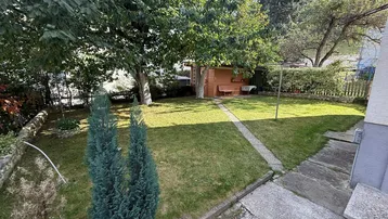 Gepflegter Gartenbereich mit Rasenfläche, Bäumen und einem kleinen Gartenhaus unter blauem Himmel.