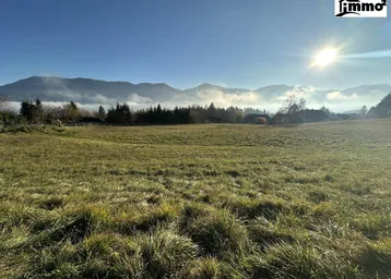 Weitläufiges grünes Feld mit majestätischen Bergen im Hintergrund und strahlendem Sonnenschein.