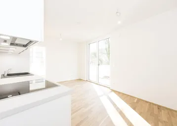 Helle, moderne Küche mit weißen Schränken, Induktionskochfeld und Zugang zu einem sonnigen Außenbereich.