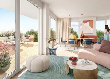 Heller, offener Wohn- und Essbereich mit Zugang zu einer großen möblierten Terrasse und moderner Dekoration.