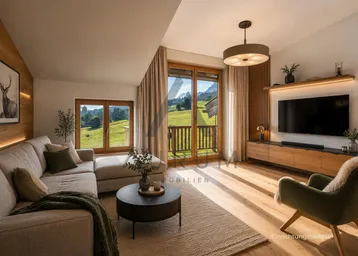 Gemütliches Wohnzimmer mit Holzakzenten, modernem Sofa und Balkonzugang mit Bergblick.