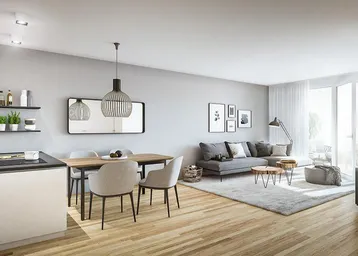 Heller, offener Wohn- und Essbereich mit integrierter Küchenzeile und Zugang zum Balkon.
