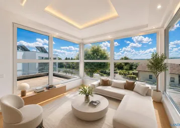Lichtdurchflutetes Wohnzimmer mit Panoramafenstern, moderner Einrichtung und weitem Ausblick.