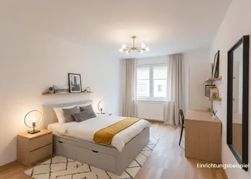 Helles Schlafzimmer mit Holzboden, modernem Bett und Nachttischen, virtuell eingerichtet.