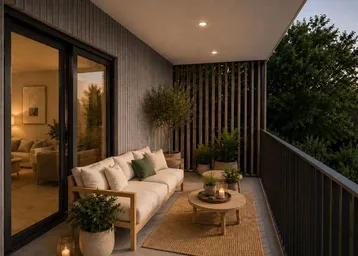 Gemütlicher Balkon mit modernen Outdoor-Möbeln und Blick ins Grüne am Abend.