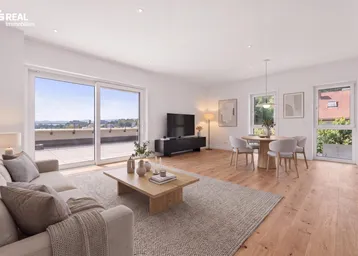 Helles Wohn- und Esszimmer mit Holzboden, Zugang zur Terrasse und weitem Ausblick.