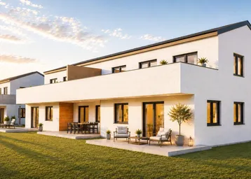 Moderne Reihenhäuser mit gepflegtem Rasen und einladenden Terrassenbereichen bei Sonnenuntergang.