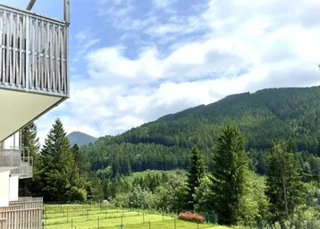 Panoramablick vom Balkon auf die umliegende Berglandschaft und dichte Wälder unter blauem Himmel.