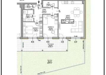 Grundriss einer Erdgeschosswohnung mit offener Wohnküche, Terrasse und privatem Garten.