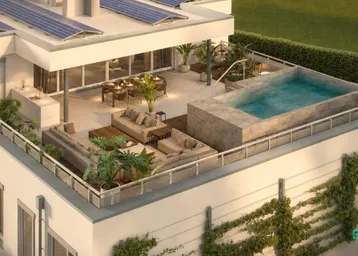 Exklusive Dachterrasse mit privatem Pool, Essbereich und Lounge-Möbeln.