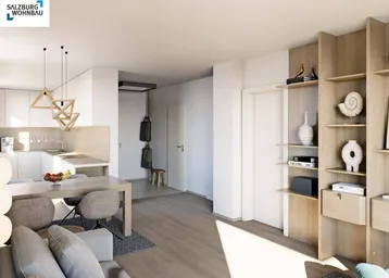 Heller, offener Wohn-Essbereich mit integrierter Küche, modernen Holzdetails und Parkettboden.