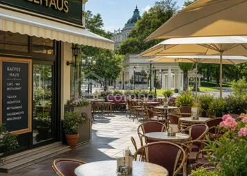 Ein charmantes Kaffeehaus mit einer einladenden Außenterrasse, Sonnenschirmen und Blick auf eine belebte Stadtstraße.