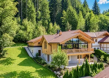Großzügiges Chalet in den Bergen mit Holzfassade, großen Glasflächen und umgebender Natur.