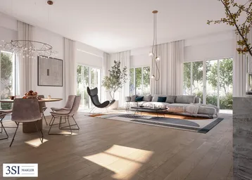 Helles, offenes Wohn-Esszimmer mit Holzboden, großen Fenstern und Zugang zum Gartenbereich.