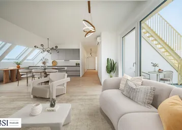 Heller, offener Wohn- und Essbereich mit integrierter Küche, Dachfenstern und Zugang zur Dachterrasse.