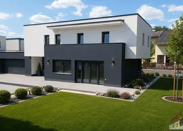 Modernes Einfamilienhaus mit weißer und grauer Fassade, gepflegtem Rasen und Vorgarten.