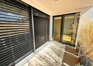 Heller Balkon mit Fliesenboden, modernen Jalousien und dekorativen Pflanzen.