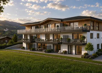 Moderne Wohnanlage mit Holzfassade, Balkonen und Terrassen in alpiner Umgebung.