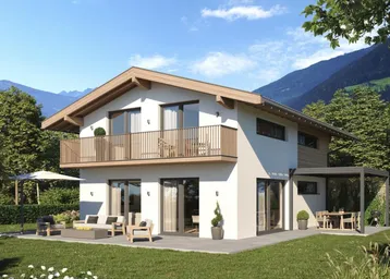 Modernes Einfamilienhaus mit Balkon, Terrasse und Bergblick in grüner Umgebung.