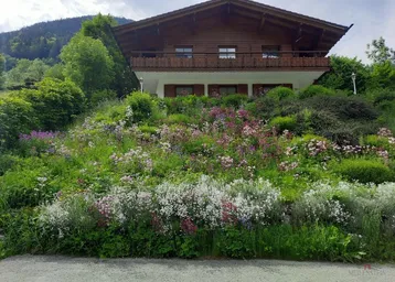 Traditionelles Holzhaus im Chalet-Stil auf einem Hügel mit blühendem Vorgarten und Bergblick.