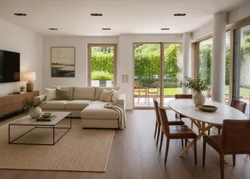 Helles, offenes Wohn-Esszimmer mit modernem Design, Holzboden und Zugang zum grünen Garten.