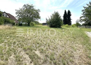 Weitläufiges Grundstück mit hohem Gras und Bäumen, umgeben von ländlicher Bebauung unter blauem Himmel.