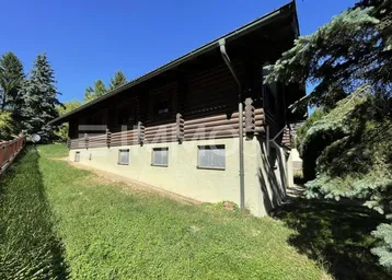 Seitenansicht eines Blockhauses mit verputztem Sockel und umgebender grüner Wiese unter blauem Himmel.
