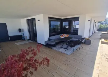 Geräumige Dachterrasse mit moderner Lounge-Sitzgruppe, Essbereich und Pflanzen für entspannte Stunden im Freien.