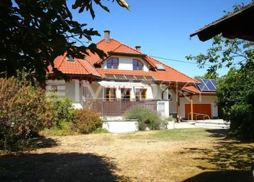 Großzügiges Einfamilienhaus mit rotem Ziegeldach, Terrasse, Garage und Photovoltaikanlage auf dem Dach.
