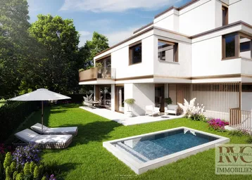 Moderne Wohnanlage mit privatem Garten, Pool und Liegeflächen unter blauem Himmel.