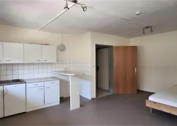 Helles Studio-Apartment mit integrierter Küchenzeile und Schlafbereich, ideal für Singles.