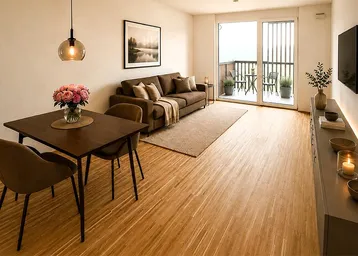 Helles Wohn- und Esszimmer mit Holzboden, modernem Sofa und Zugang zum Balkon.