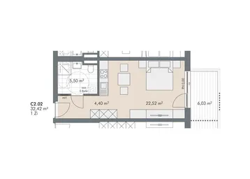 Grundriss einer Einzimmerwohnung mit offener Küche, Schlafbereich und Balkon.