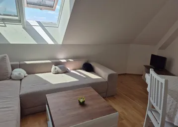 Helles Dachgeschosszimmer mit gemütlichem Sofa, Holzboden und schrägen Decken mit Dachfenstern.