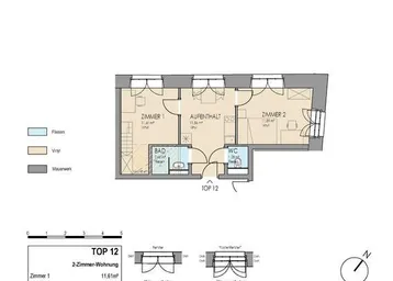 Grundriss einer 2-Zimmer-Wohnung mit Bad und separatem WC.
