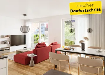 Modernes Wohn- und Esszimmer mit rotem Sofa, Holzboden und Zugang zum Balkon.