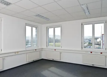 Helles und geräumiges Büro mit Teppichboden, vielen Fenstern und weitem Blick ins Grüne.