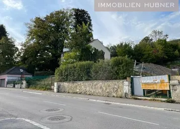 Blick von der Straße auf das Grundstück mit einem Haus im Hintergrund, umgeben von viel Grün und einer Steinmauer.