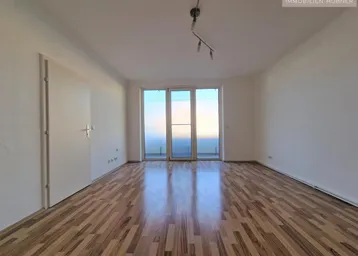 Heller Wohnraum mit Holzparkettboden und Zugang zu einem Balkon oder einer Loggia.