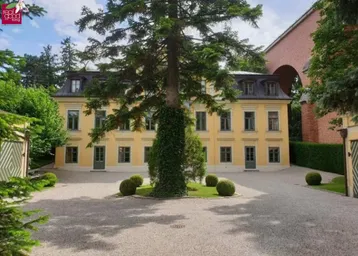 Großes, gelbes Gebäude mit klassischer Architektur und gepflegter Auffahrt unter blauem Himmel.