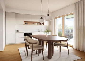 Moderne Einbauküche mit Essbereich, hellen Fronten und Zugang zum Außenbereich.