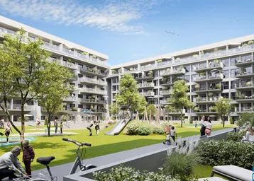Gemeinschaftlicher Gartenbereich mit Spielplatz und Grünflächen zwischen modernen Wohngebäuden.