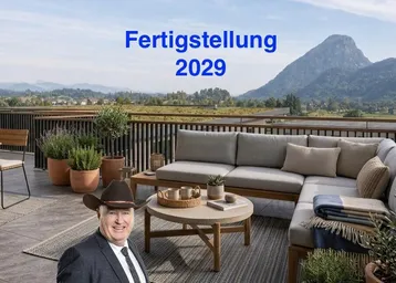 Geräumige Dachterrasse mit moderner Lounge-Möblierung, Topfpflanzen und atemberaubendem Bergblick.